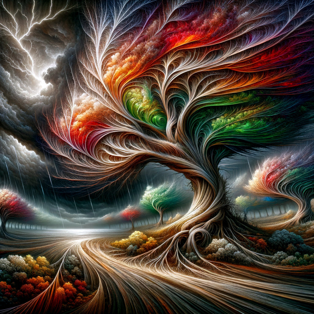 Vibrant Fractal Landscape with Colorful Trees and Storms