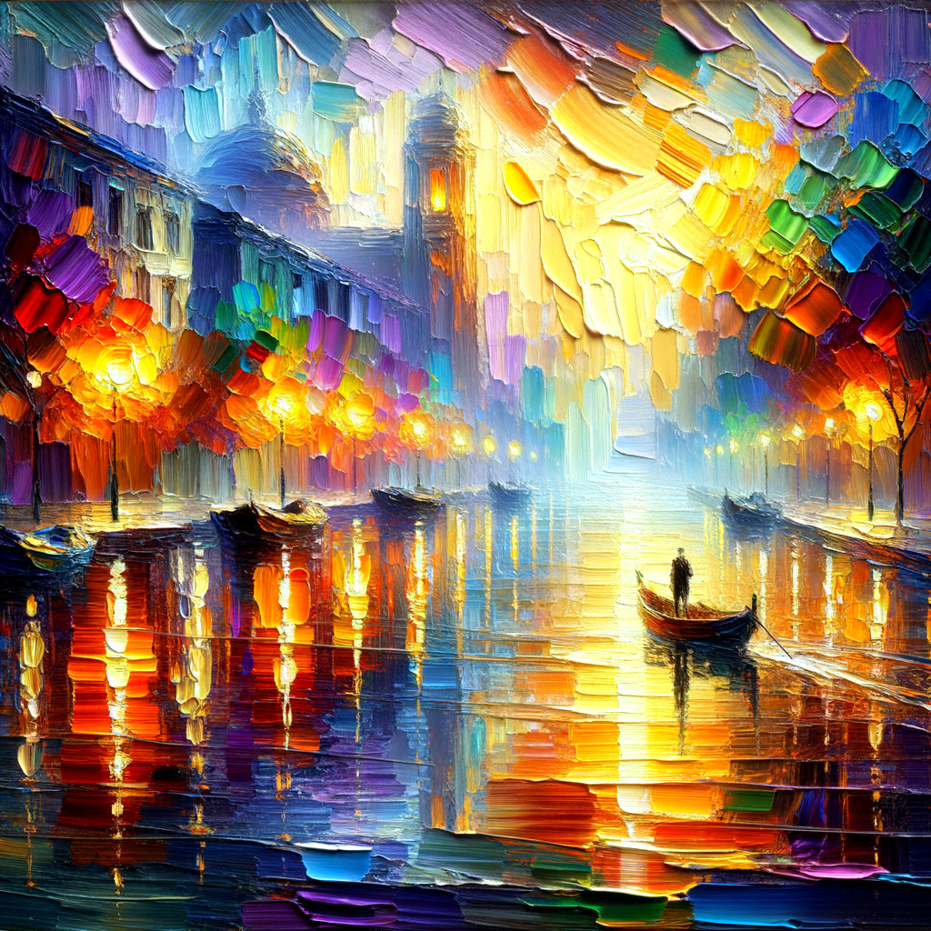 Impressionistic Oil Painting of a Nighttime Canal Scene