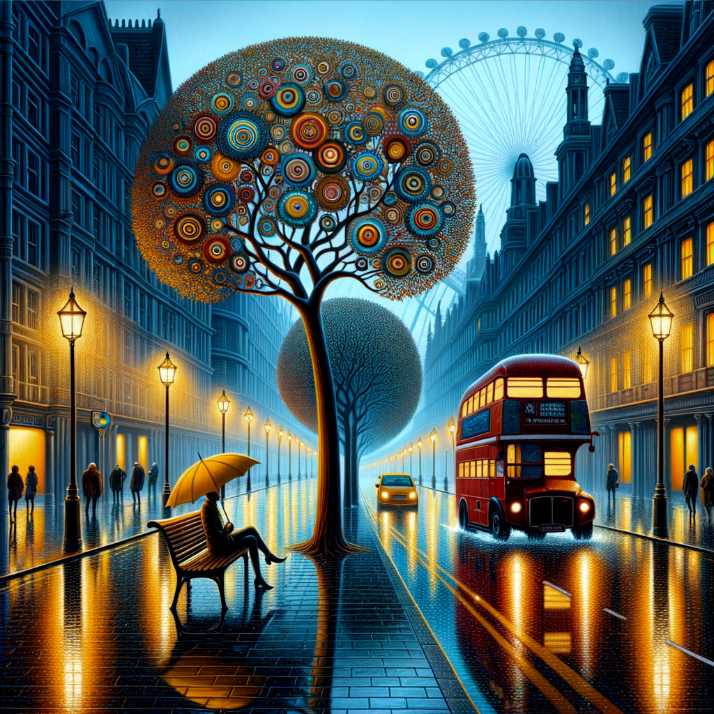 Surreal city street with whimsical tree and rain effects