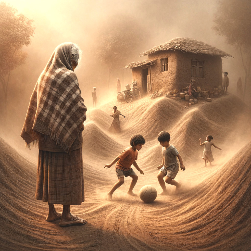 Children Playing Soccer in a Dusty Landscape