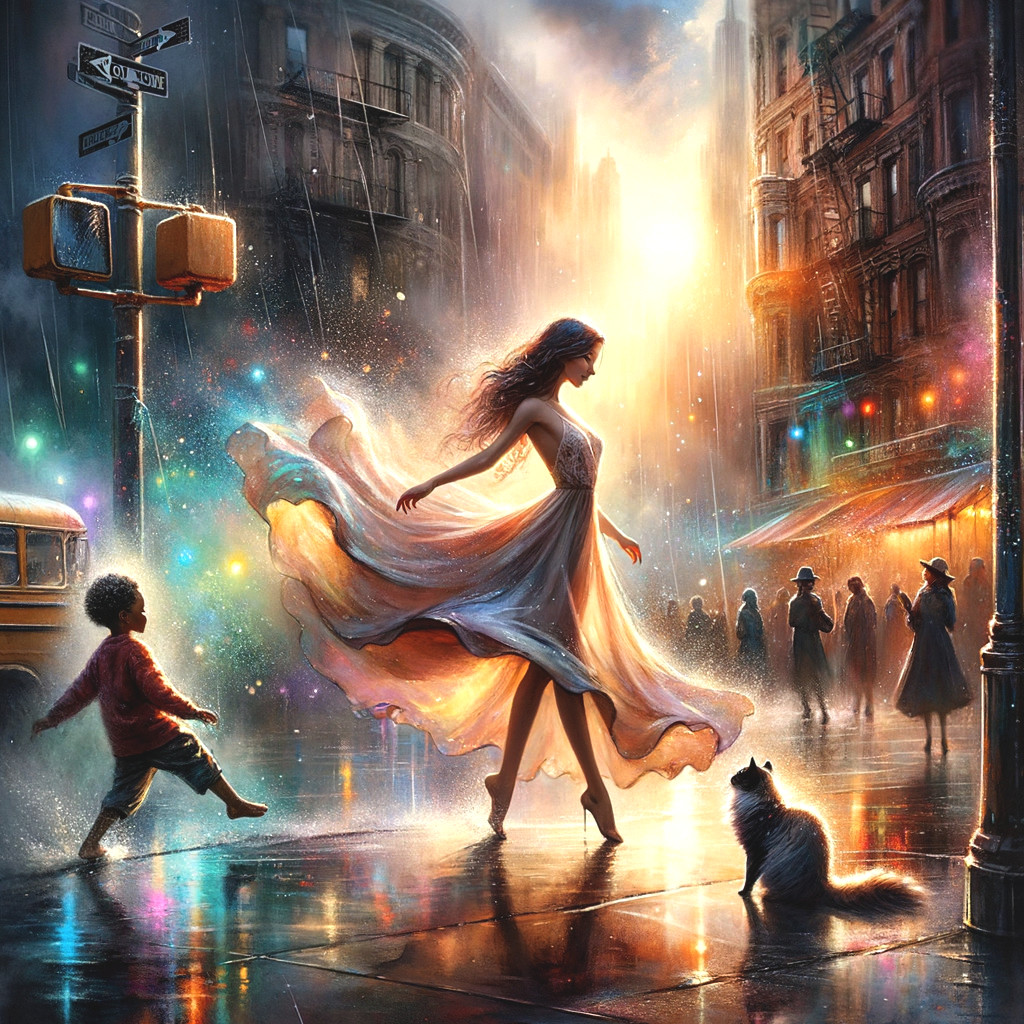 Vibrant City Scene with Woman Twirling in Rain