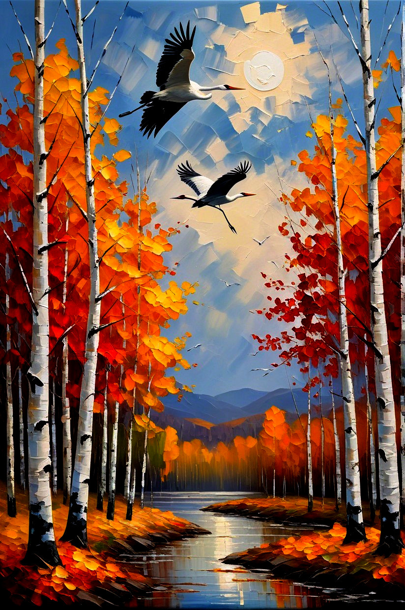 Autumn Landscape with Birch Trees and Cranes