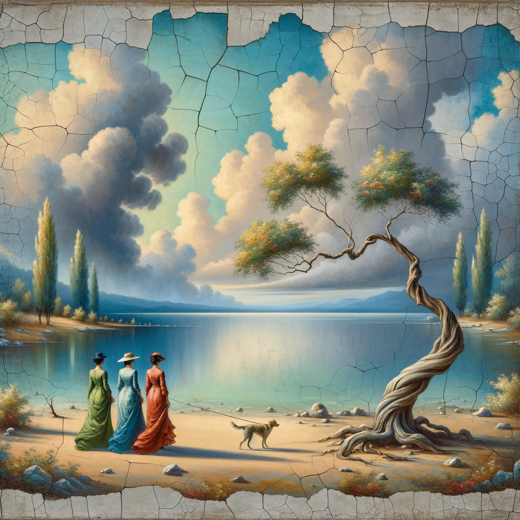Lakeside Scene with Women in Vibrant Gowns and Dog
