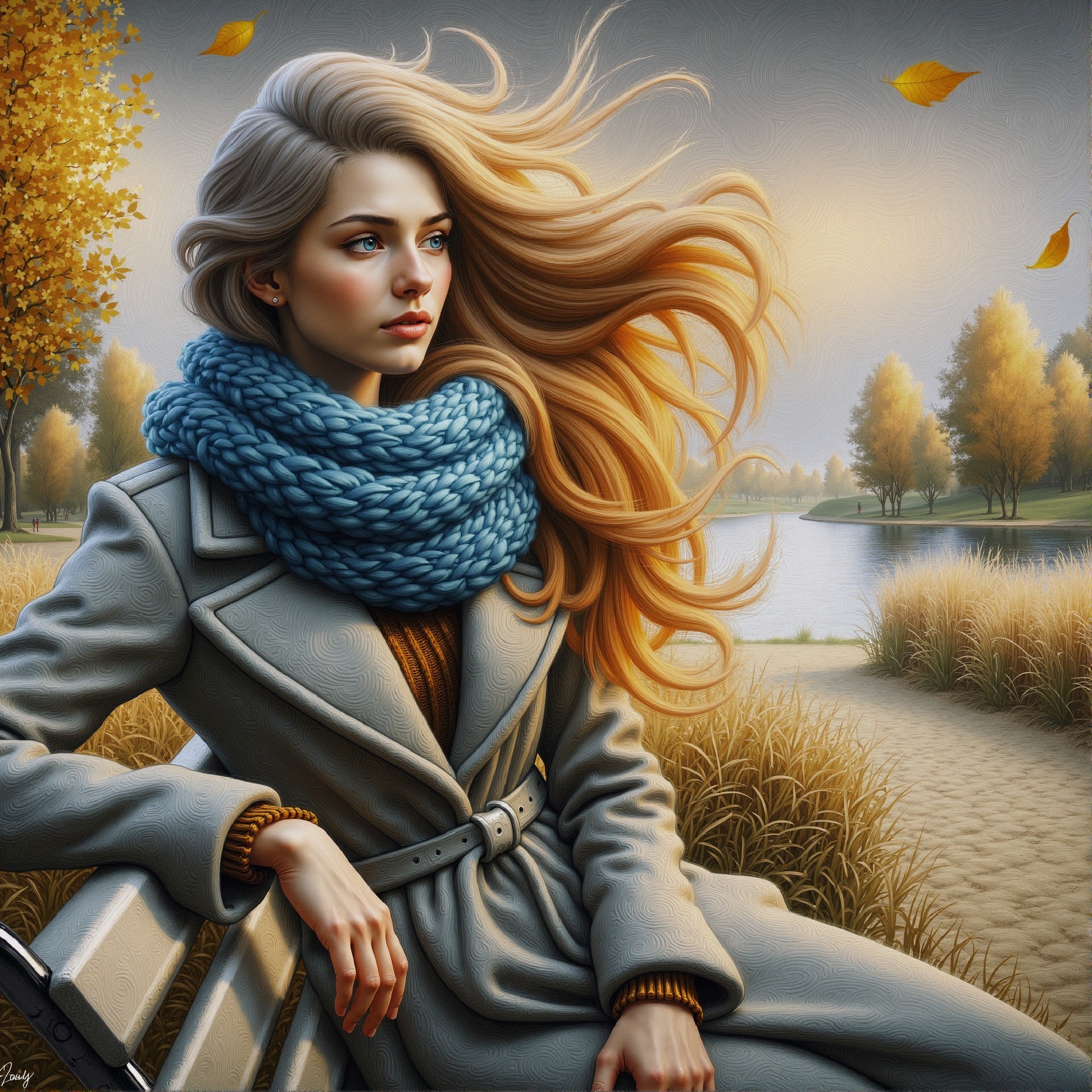 Young woman in autumn park with serene lake backdrop