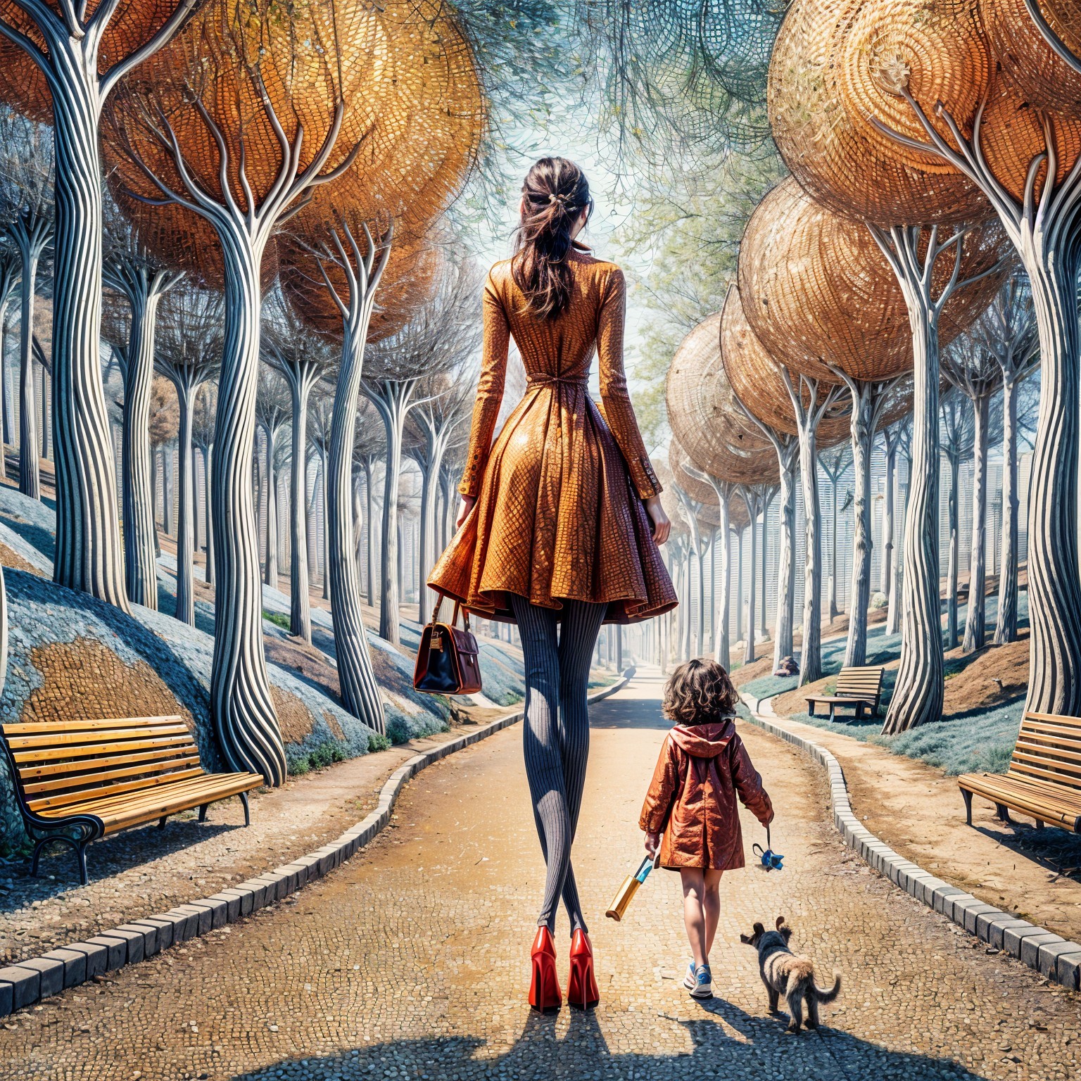 Tall Woman in Orange Dress Strolling in Scenic Path