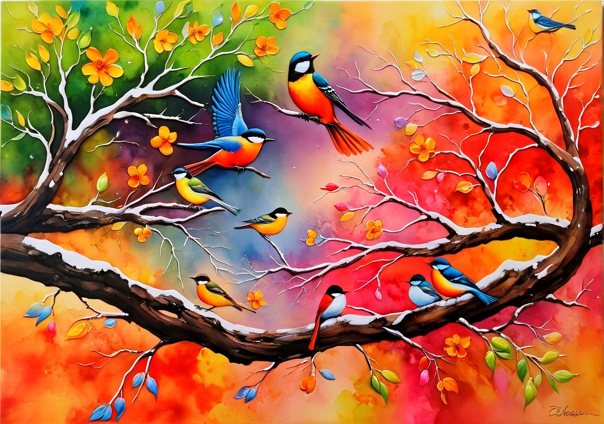 Colorful Painting of Birds on Blossoming Branch