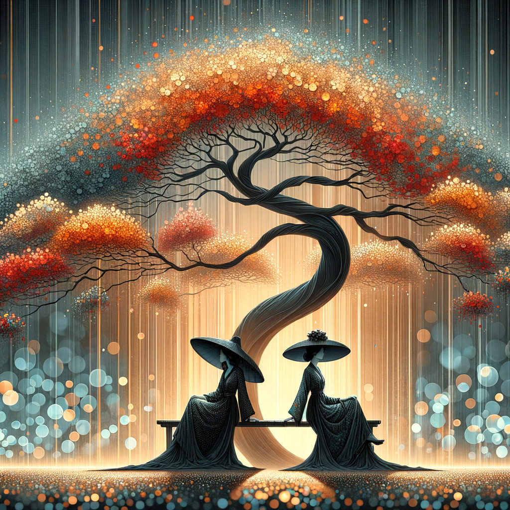 Elegant Figures Under a Stylized Tree with Orbs