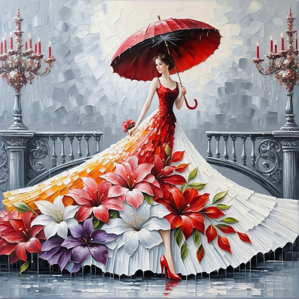 Elegant Woman with Red Umbrella and Floral Gown