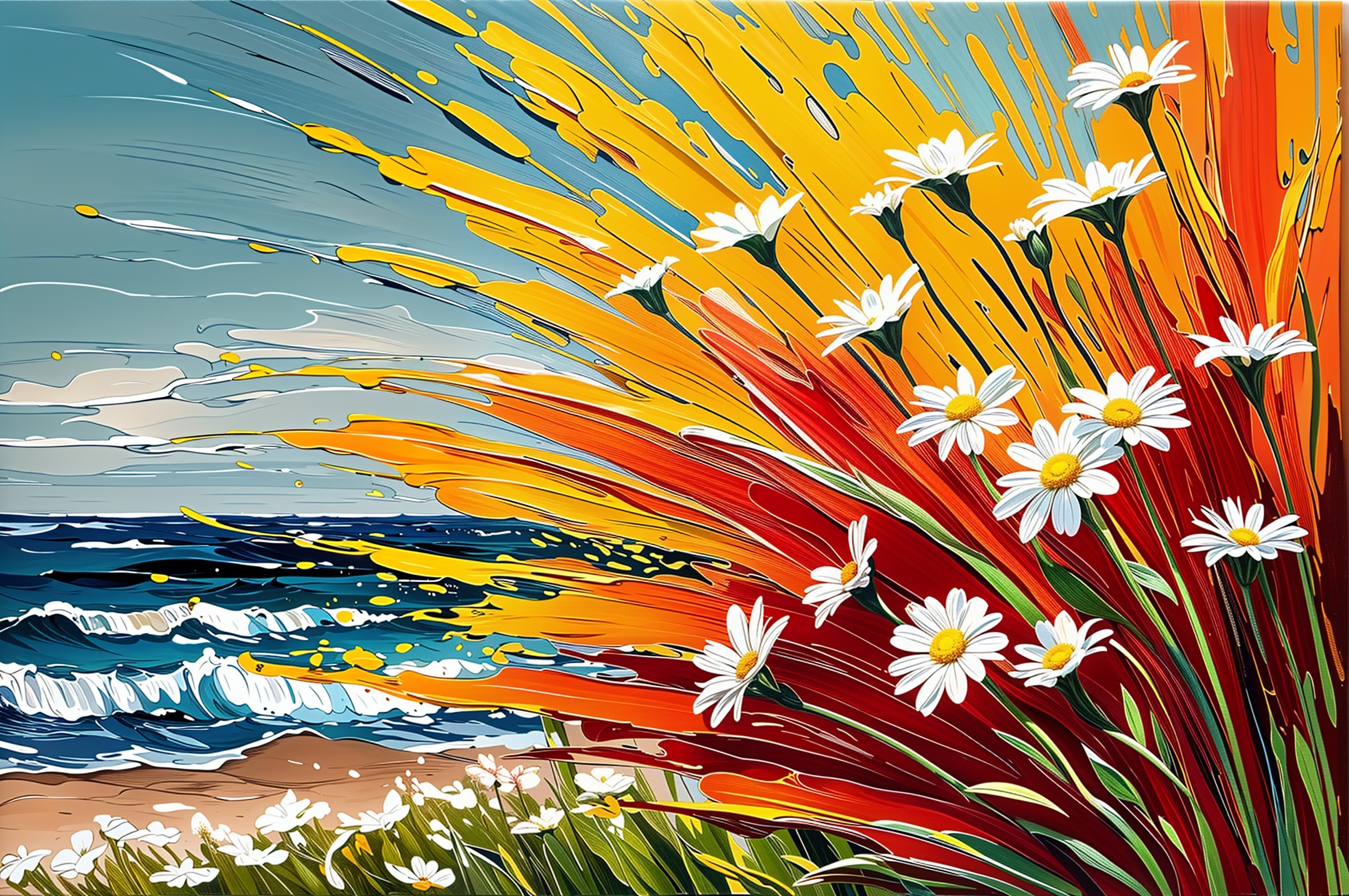 Vibrant Beach Landscape with Daisies and Sunset Colors