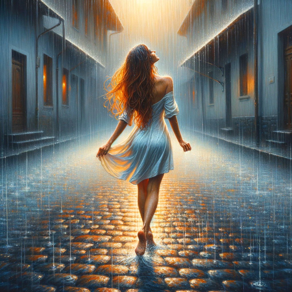 Young woman in white dress on rain-soaked cobblestones