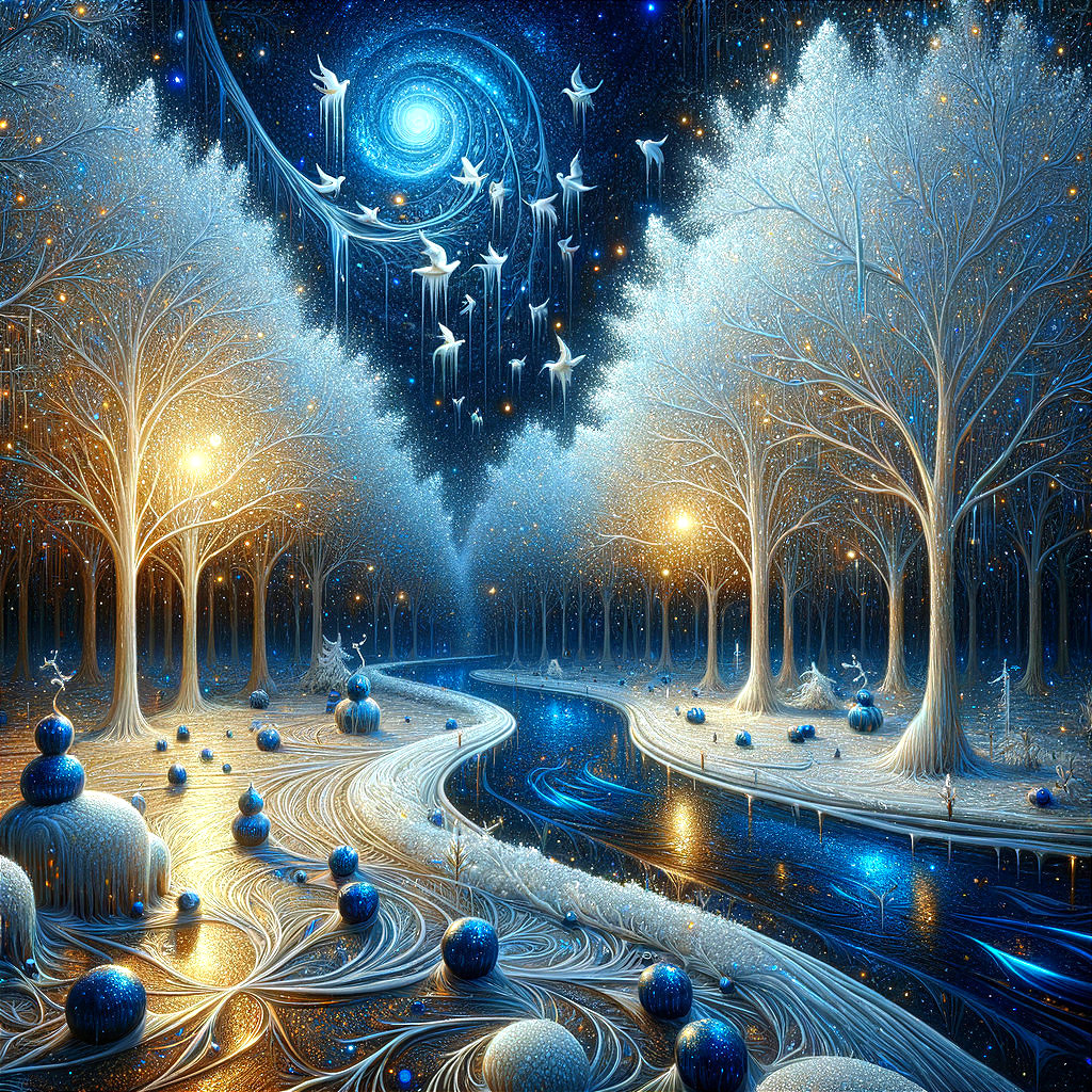 Surreal Winter Landscape with Glowing Trees and River