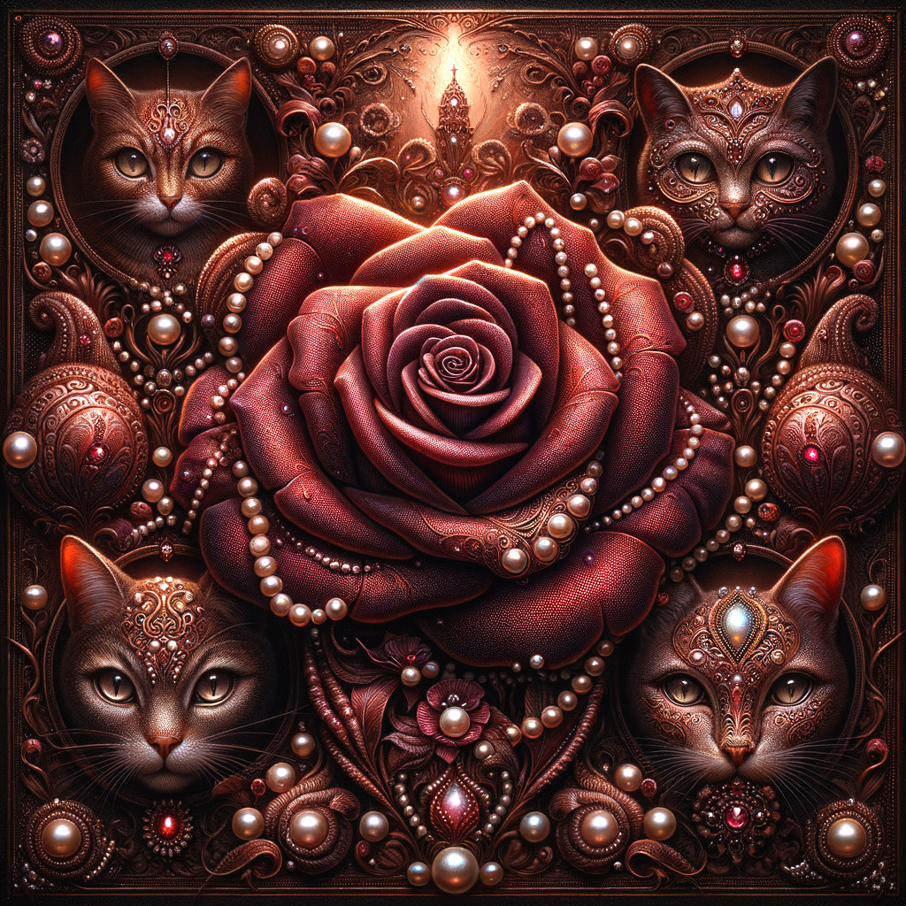 Intricate Design with Burgundy Rose and Elegant Cats