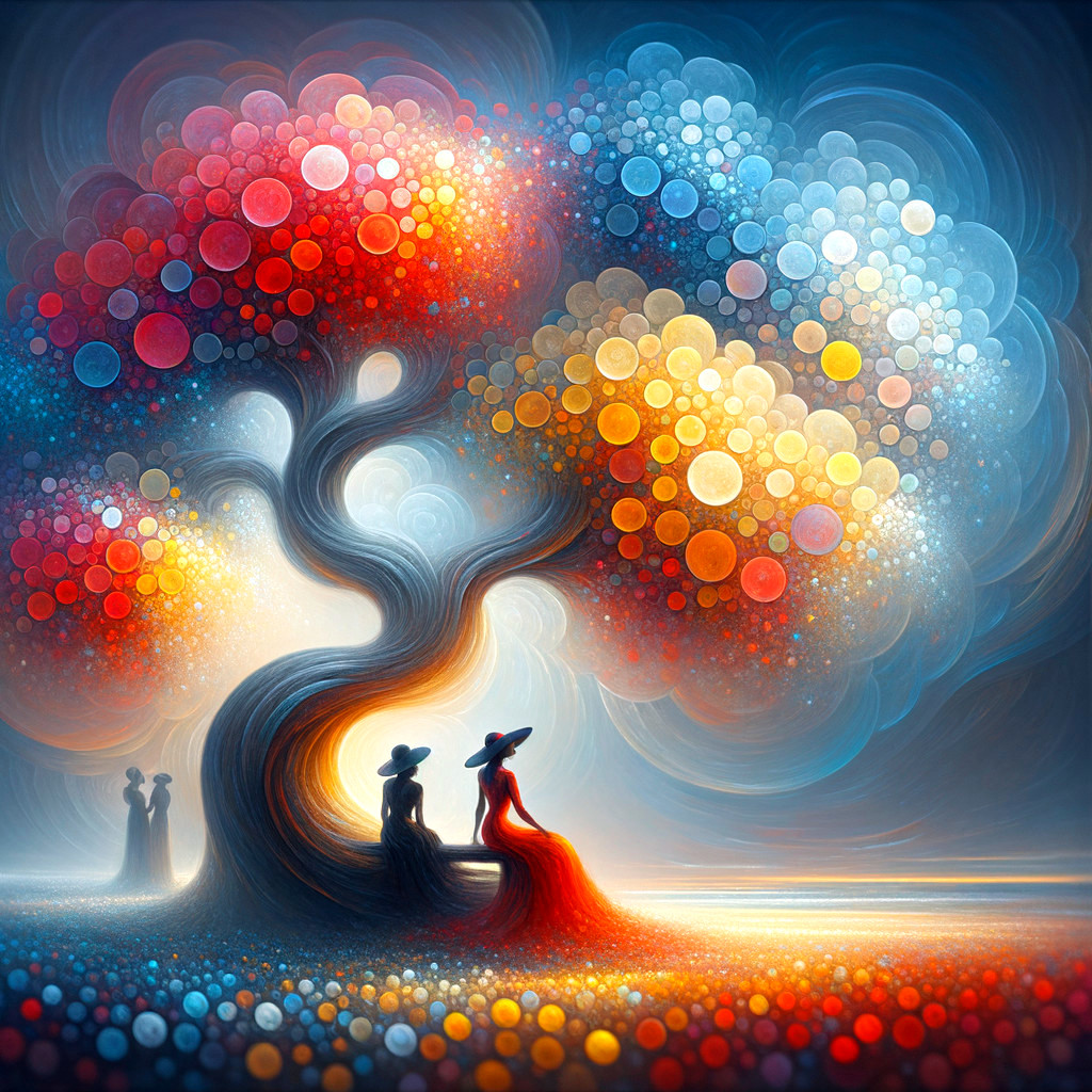 Whimsical Tree with Colorful Orbs and Figures Beneath