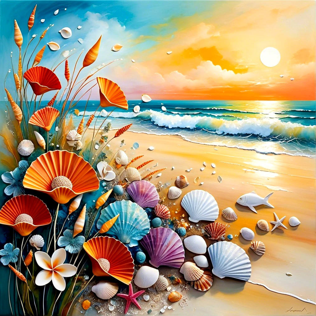 Vibrant Beach Sunset with Seashells and Flowers
