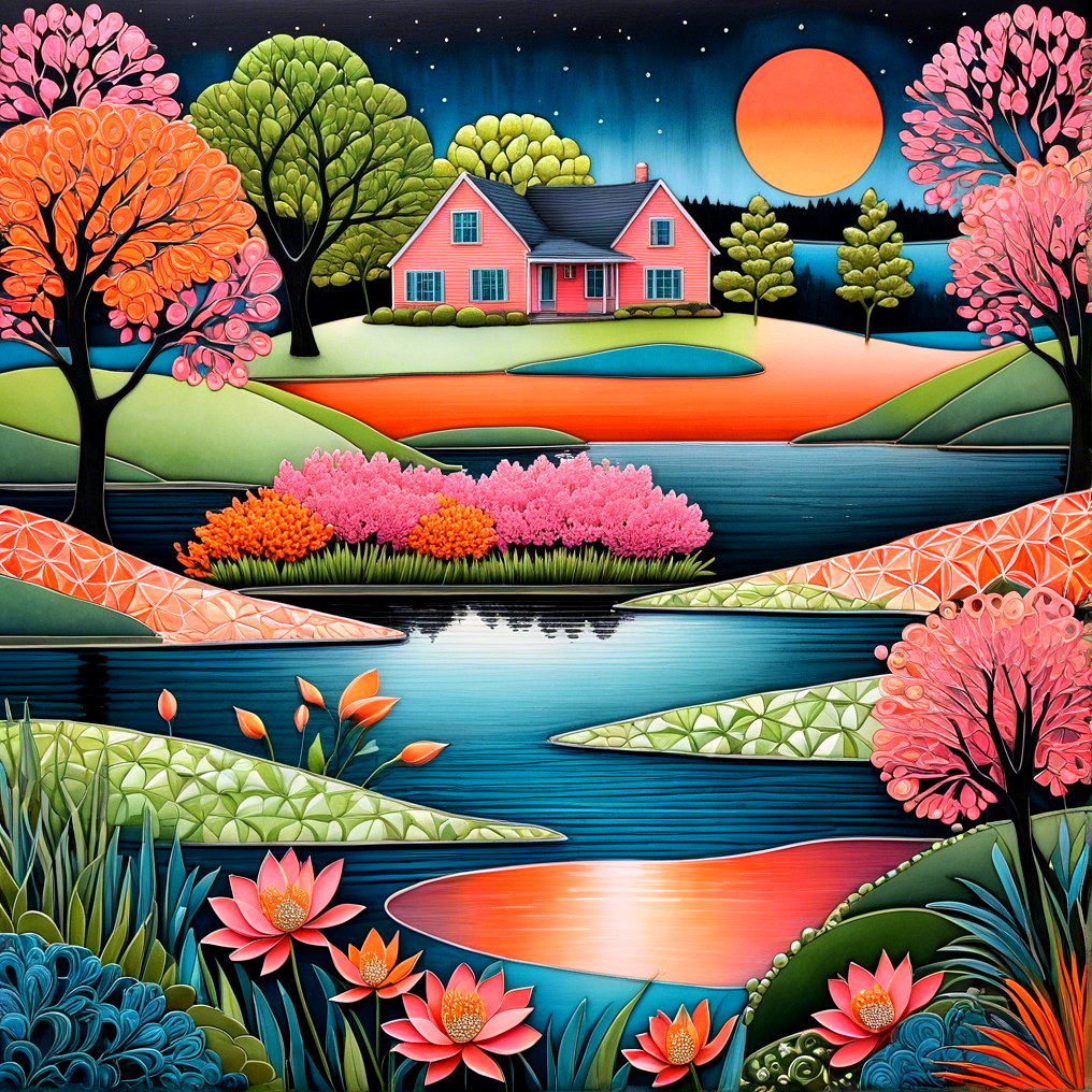 Vibrant landscape with pink house and serene pond