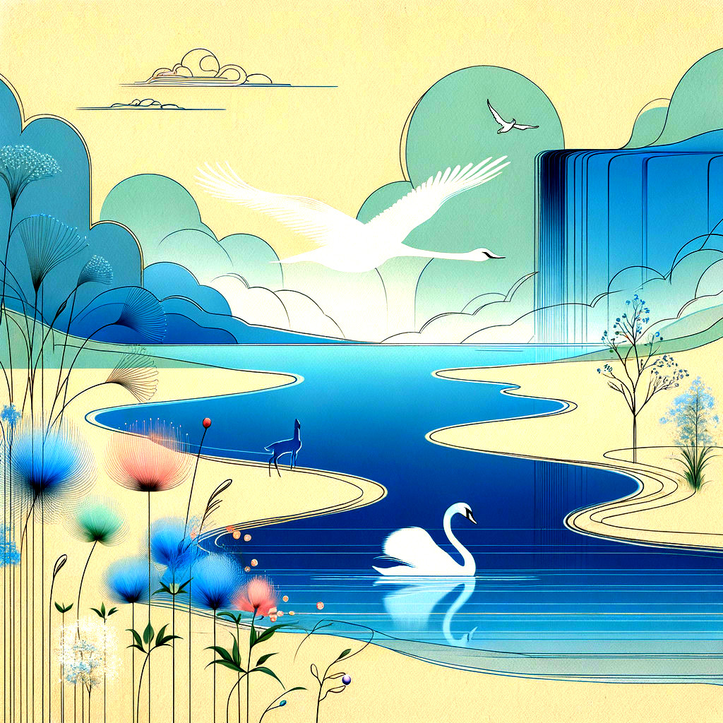 Serene River Landscape with Swans and Waterfall