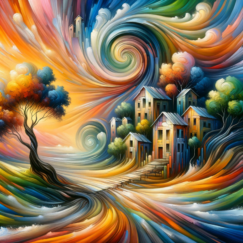 Vibrant Abstract Landscape with Colorful Homes