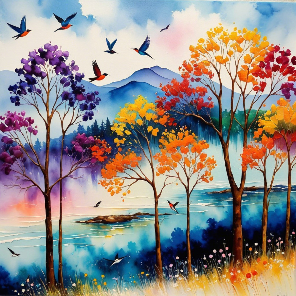 Vibrant Autumn Landscape with Colorful Trees and Mountains