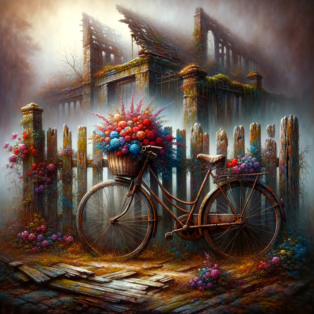 Weathered Bicycle by Rustic Fence with Flowers and Mist