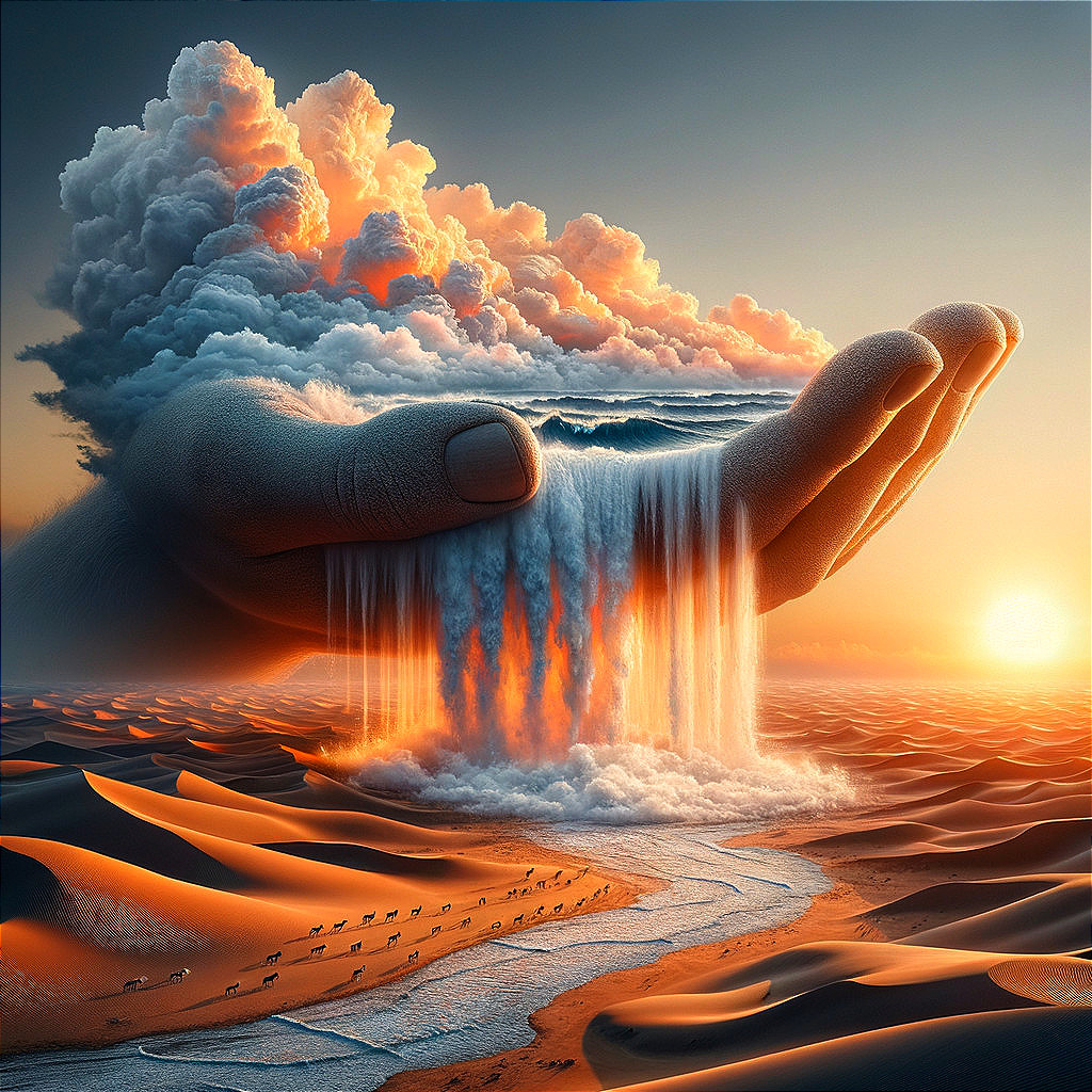 Surreal Landscape with Giant Hand and Cloud Waterfall