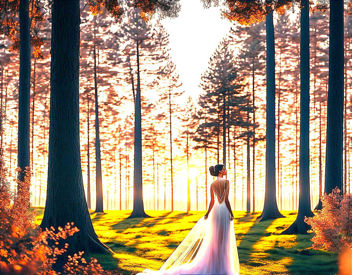 Bride in White Gown Surrounded by Serene Forest at Sunset