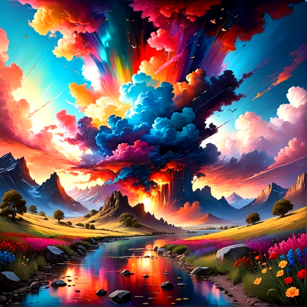 Vibrant Landscape with Colorful Sky and Mountains