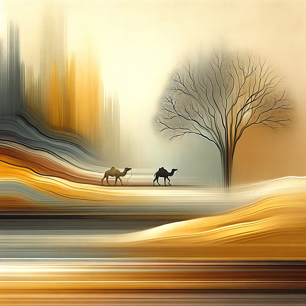 Abstract Landscape with Camels and Leafless Tree