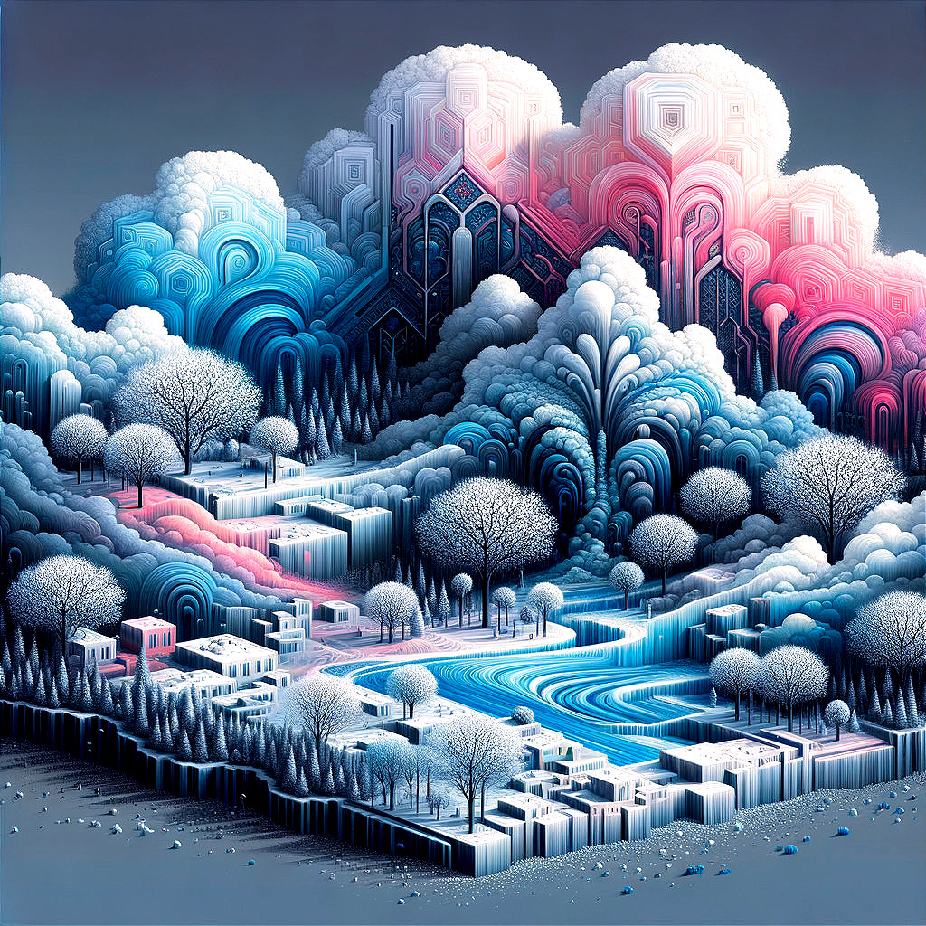 Intricate landscape with stylized mountains and clouds