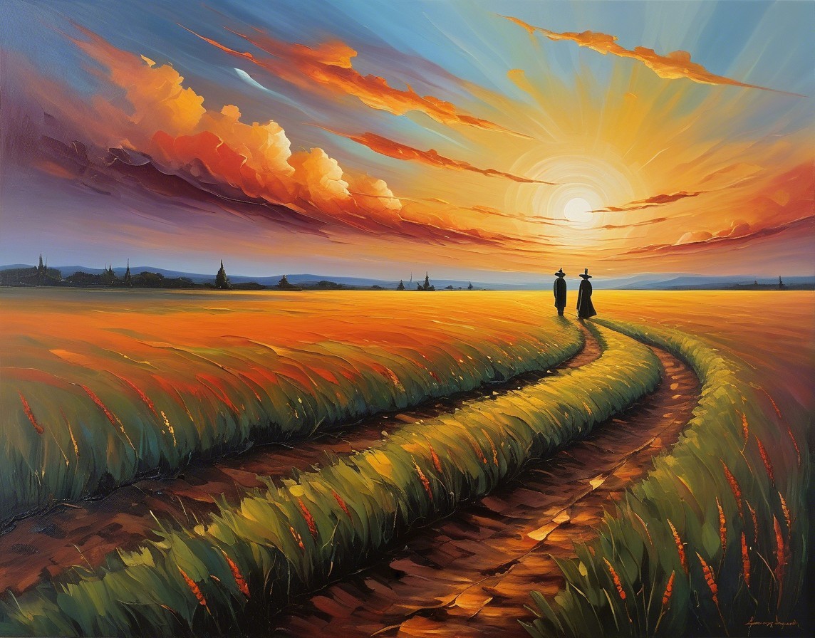 Tranquil Sunset Over Wheat Field with Silhouetted Figures
