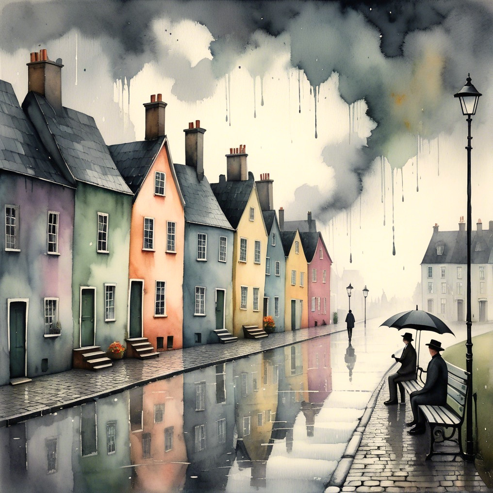 Rainy Day on a Quaint Street with Colorful Houses