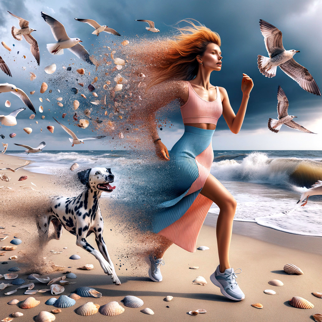 Happy Woman Running on Beach with Dalmatian Dog