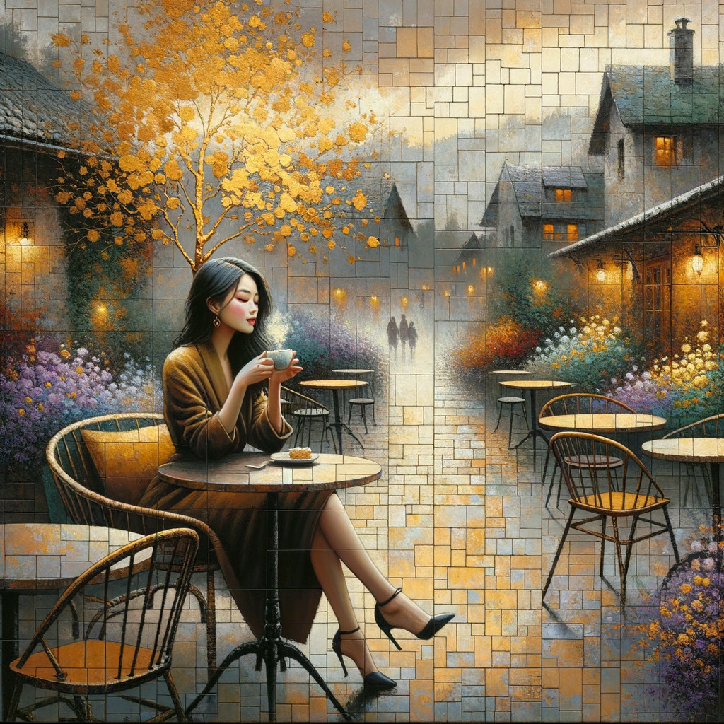 Serene Evening at Outdoor Café with Autumn Foliage