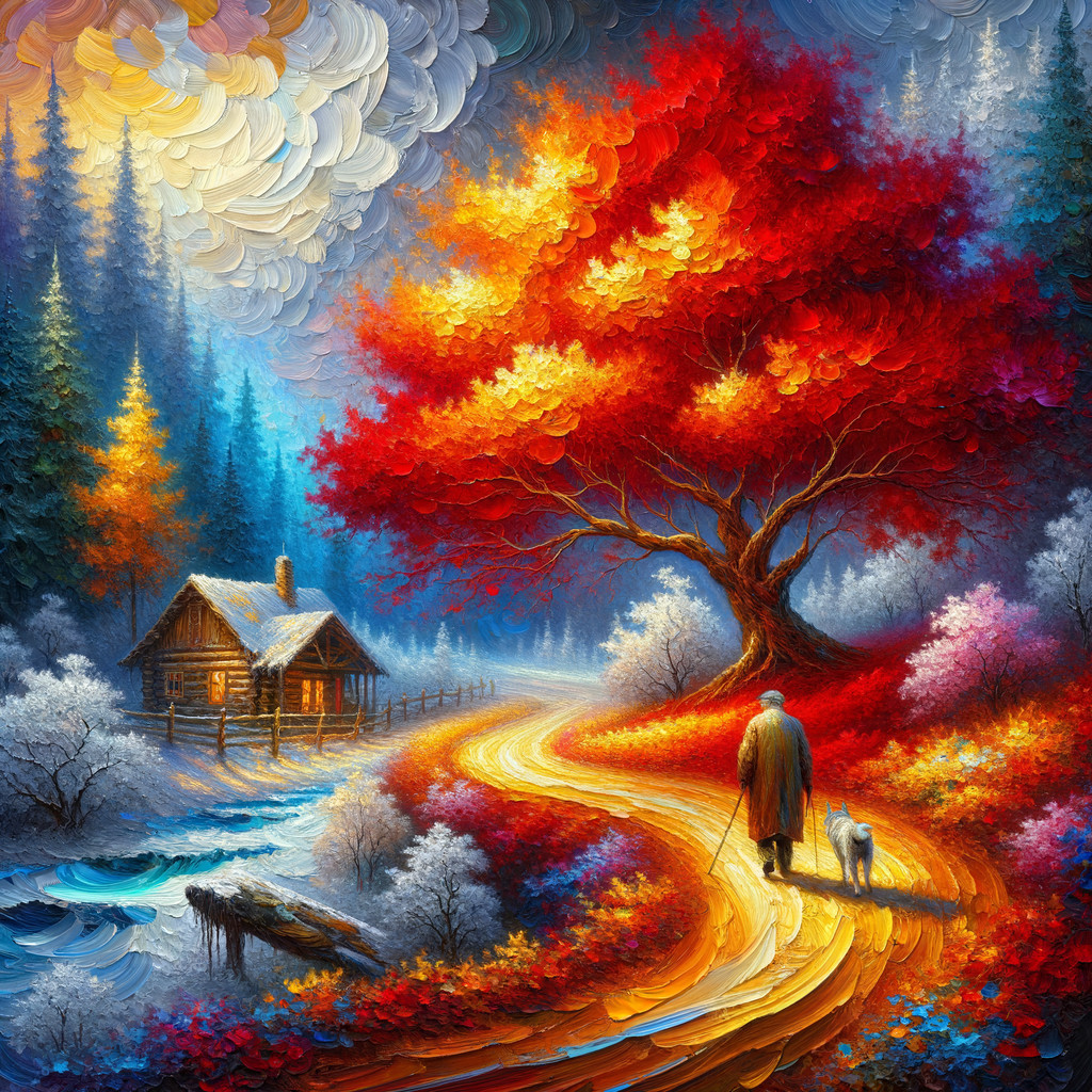 Autumn Landscape with Cabin, Path, and Stream