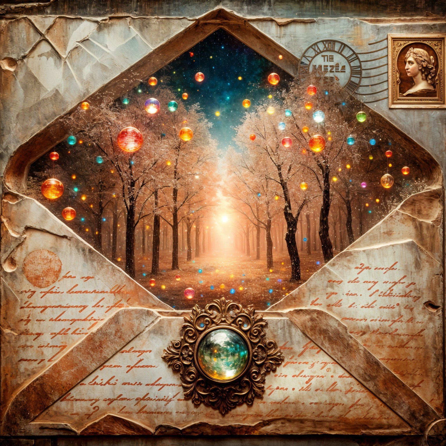 Ornate Envelope with Glowing Forest and Magical Elements