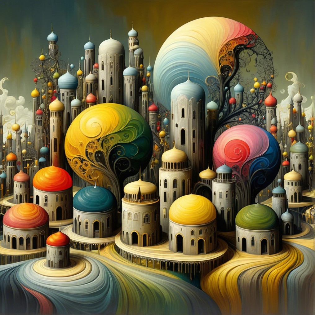 Whimsical Cityscape with Colorful Domes and Spirals