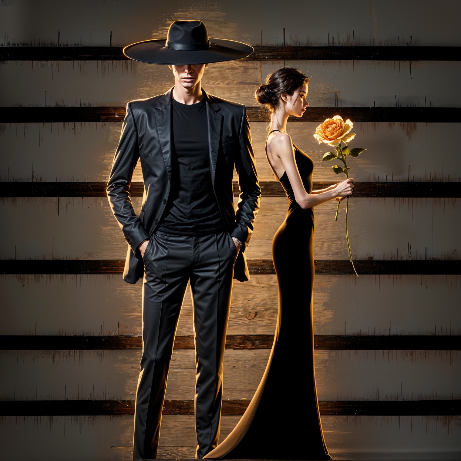 Fashion Scene with Black Suit and Gown in Dramatic Light