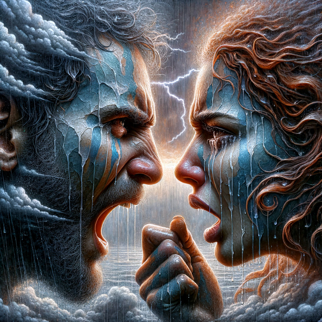 Dramatic Face-Off with Blue Painted Figures and Stormy Skies