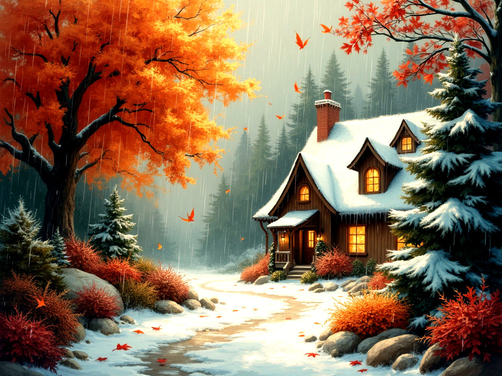 Wooden Cabin in Serene Winter Landscape with Snowfall