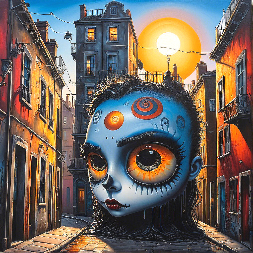 Surreal Urban Scene with Stylized Doll Face and Alleyways