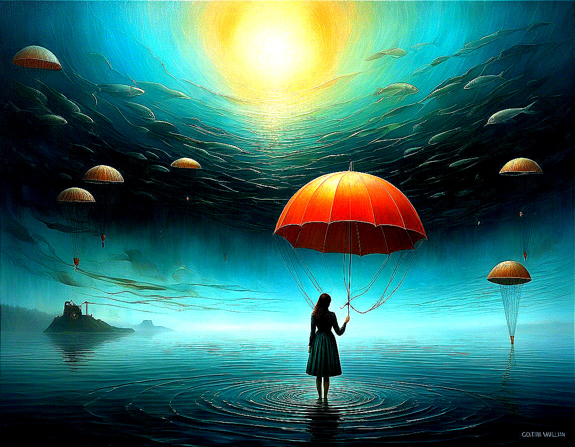 Surreal Landscape with Girl and Fish-like Parachutes