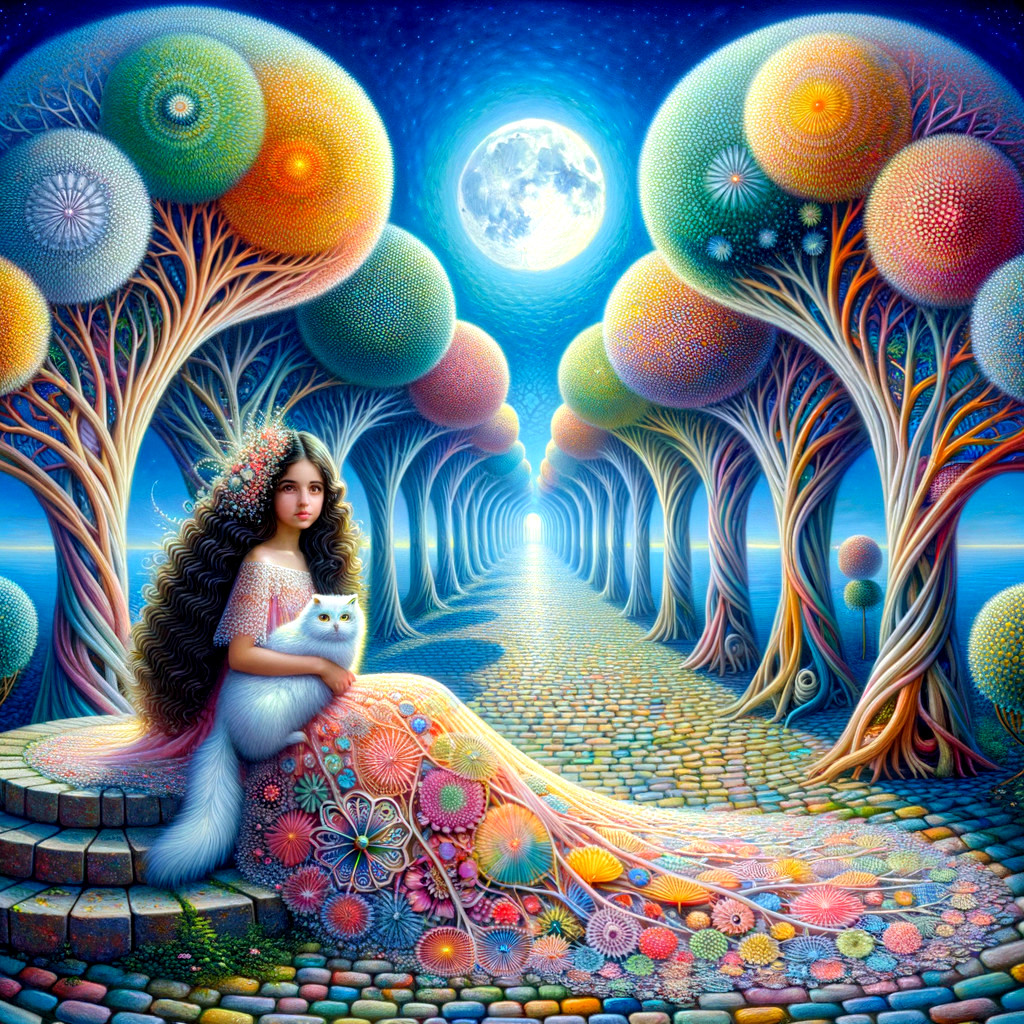 Surreal Landscape with Woman, Cat, and Colorful Trees