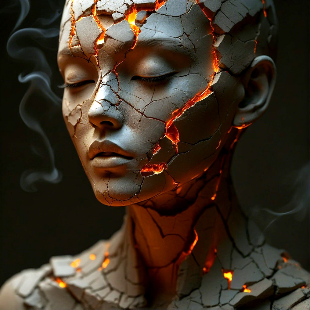 Humanoid Figure with Cracked Surface and Glowing Core
