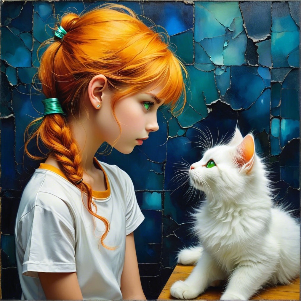 Young girl with orange braid and white cat connection