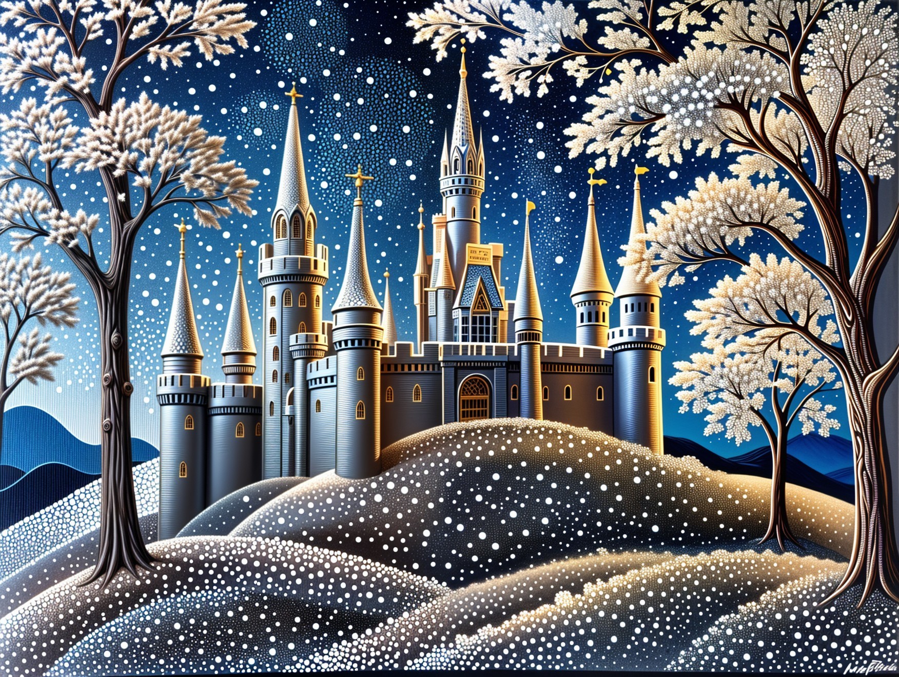 Castle on Snowy Hill Under Blue Night Sky