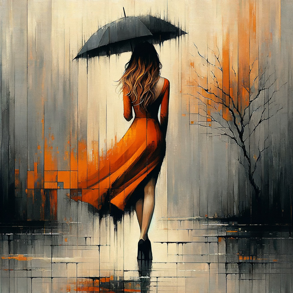 Woman in Orange Dress with Black Umbrella in Rain