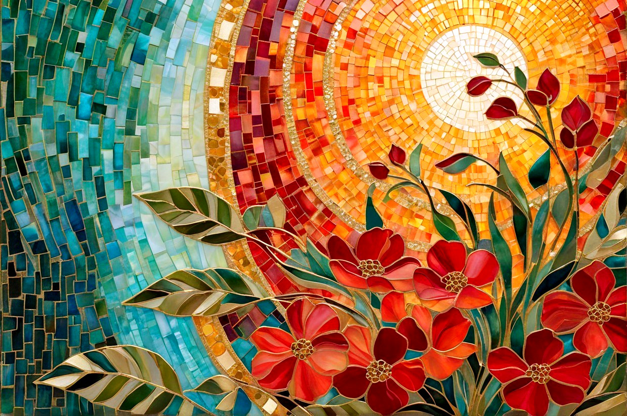 Vibrant Mosaic Artwork with Colorful Tiles and Nature