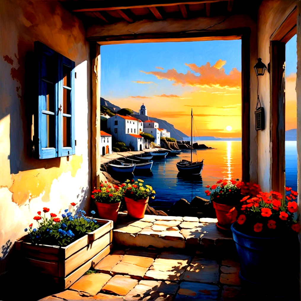 Vibrant Sunset Over Tranquil Harbor with Colorful Boats