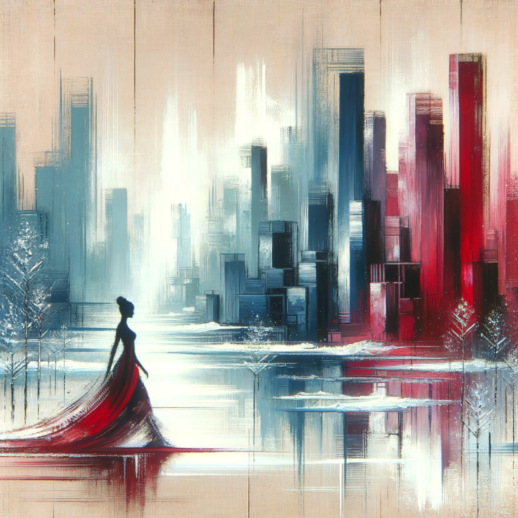 Silhouette of Woman in Red Dress Against Cityscape