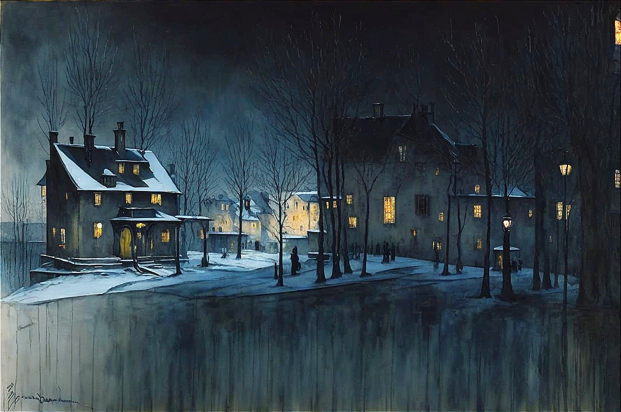 Moonlit Winter Evening in a Quaint Village Scene