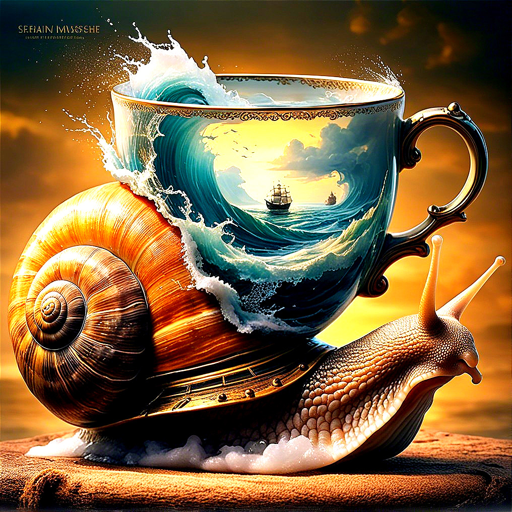 Snail with Ornate Coffee Cup and Ocean Scene